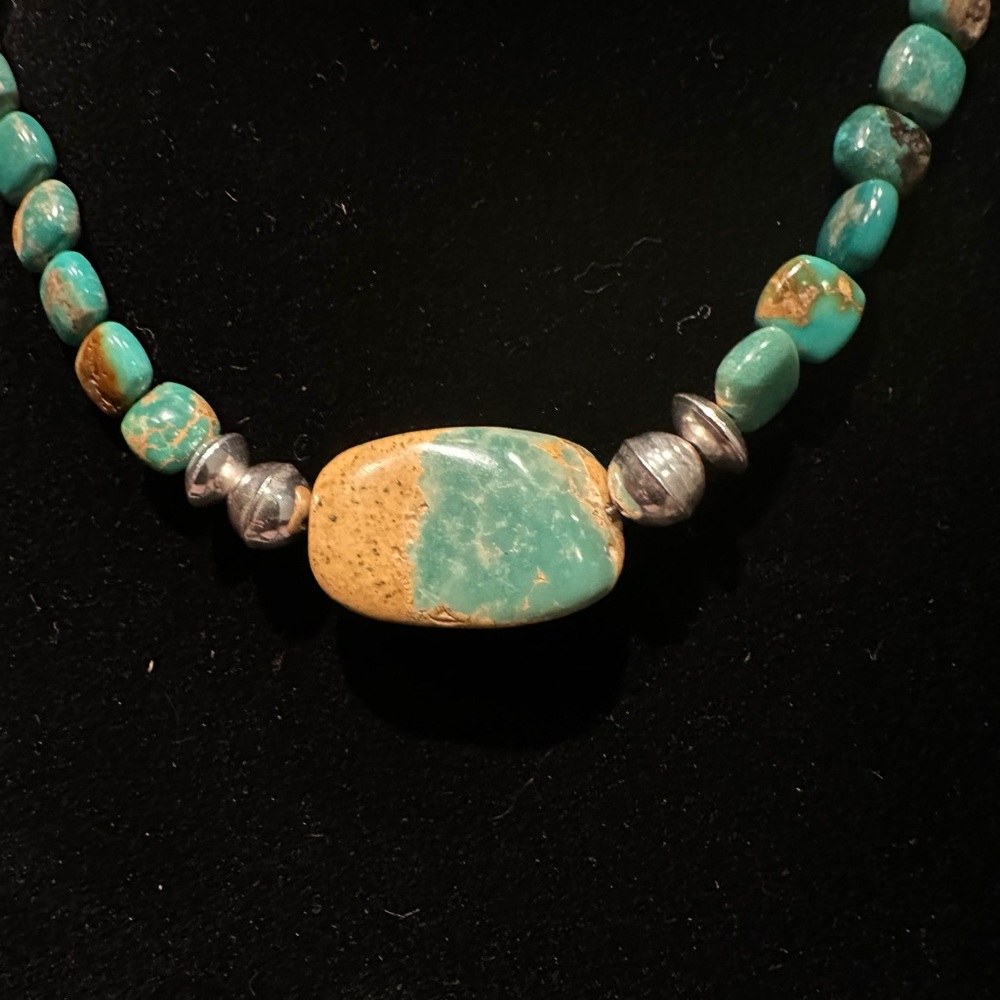 Hand Crafted Turquoise & Sterling Silver Beaded Necklace - Picture 2 of 4
